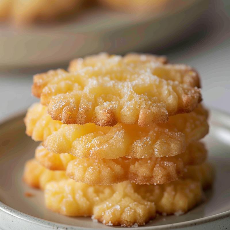 Stack of three lemon snowflake cookies on a light grey plate.