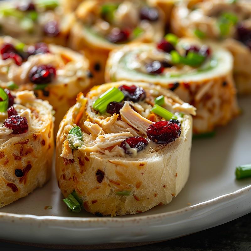 Close-up of chicken cranberry salad pinwheel sandwiches on a grey plate.