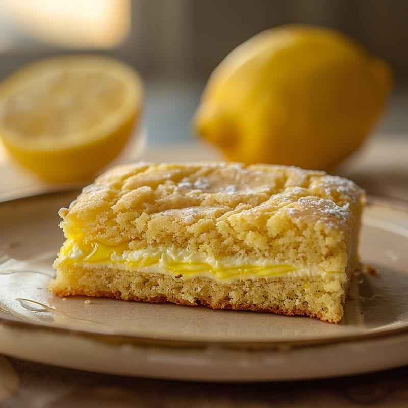 Close-up of a sliced lemon cake mix cookie on a plate.