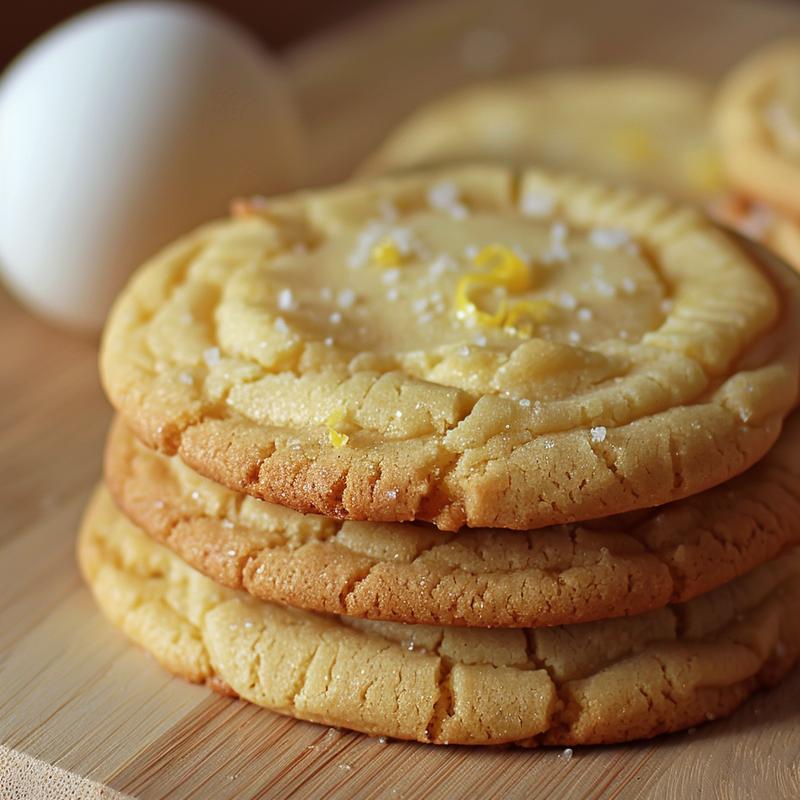 Stack of three lemon sugar cookies on wood.