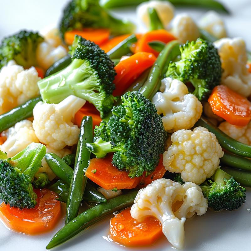 Close-up of steamed broccoli, cauliflower, carrots, and green beans on marble.