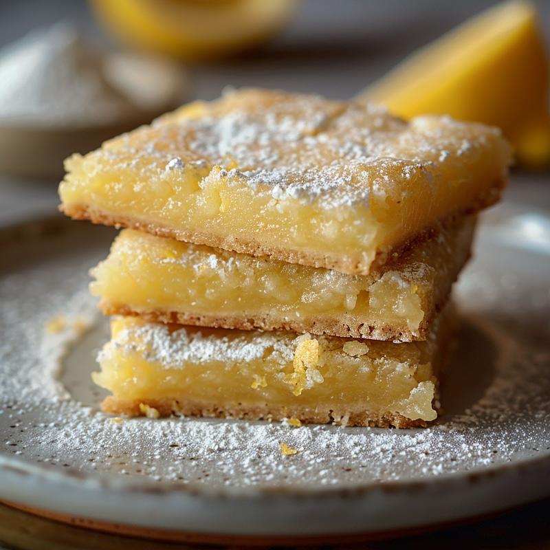 Three lemon bar cookies stacked on a light grey plate.