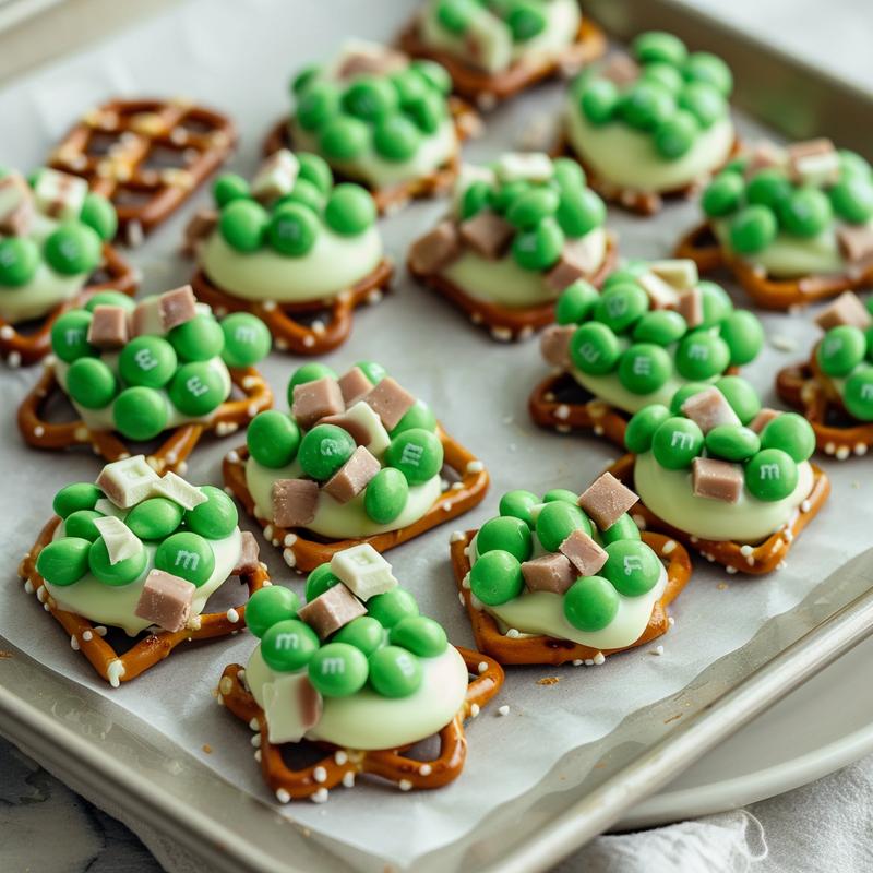 Close up of green and white chocolate covered pretzels with green M&Ms.