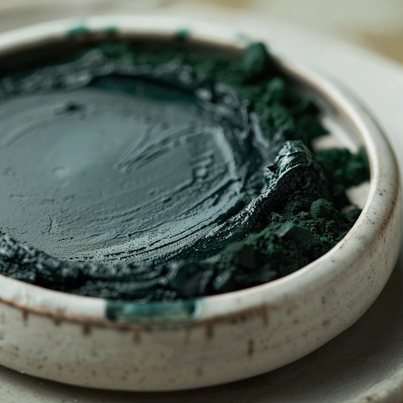 Close-up of dark green food coloring samples mixed on a light grey plate.