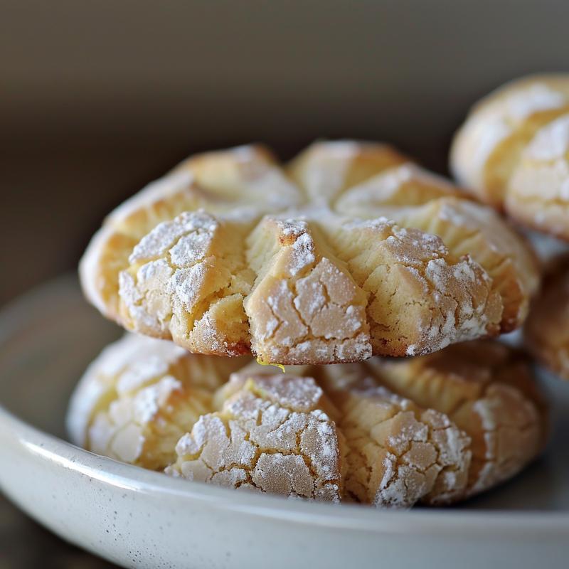 Stack of three lemon crinkle cookies on a light gray plate.