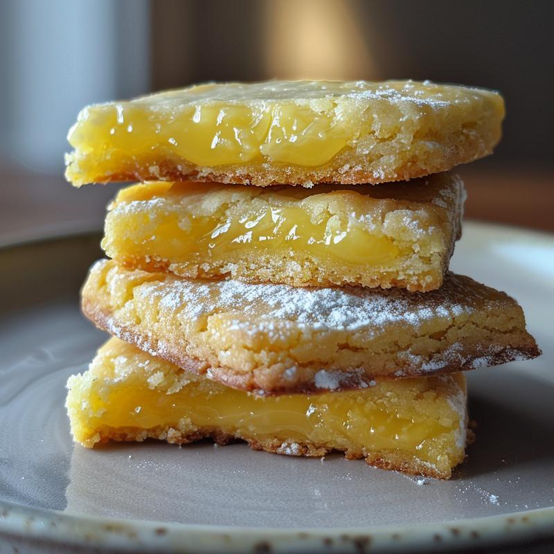 Stack of three lemon curd shortbread cookies on a grey plate.