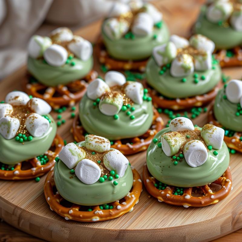 Close-up of green candy-coated pretzels with sprinkles and marshmallows on a wooden board.